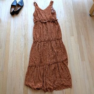 Lucky Brand Dress Medium Maxi Brown Stripe Tiered Ruffles Sleeveless Boho Long